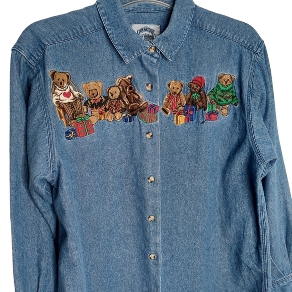 Vintage Cambridge Dry Goods Women's Large Denim Shirt Embroidered Teddy Bear EUC - Picture 3 of 11